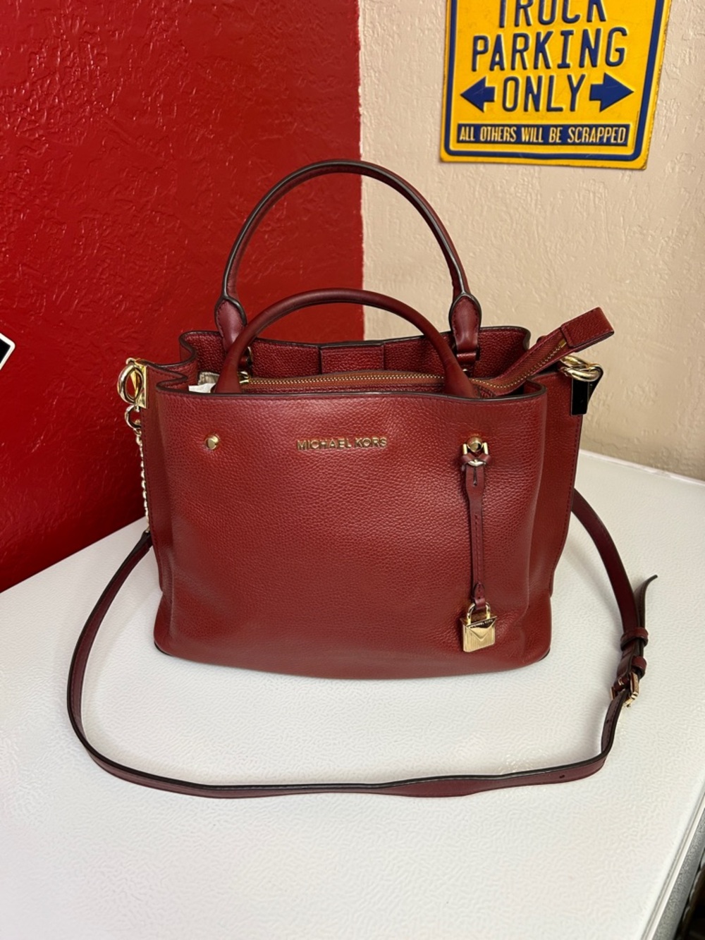 Michael Kors Pebbled Leather Satchel in Burgundy with Gold Hardware